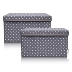 Aufbewahrungsbox 2er-Set mit Deckel, Punkte, grau, 25x37x21cm