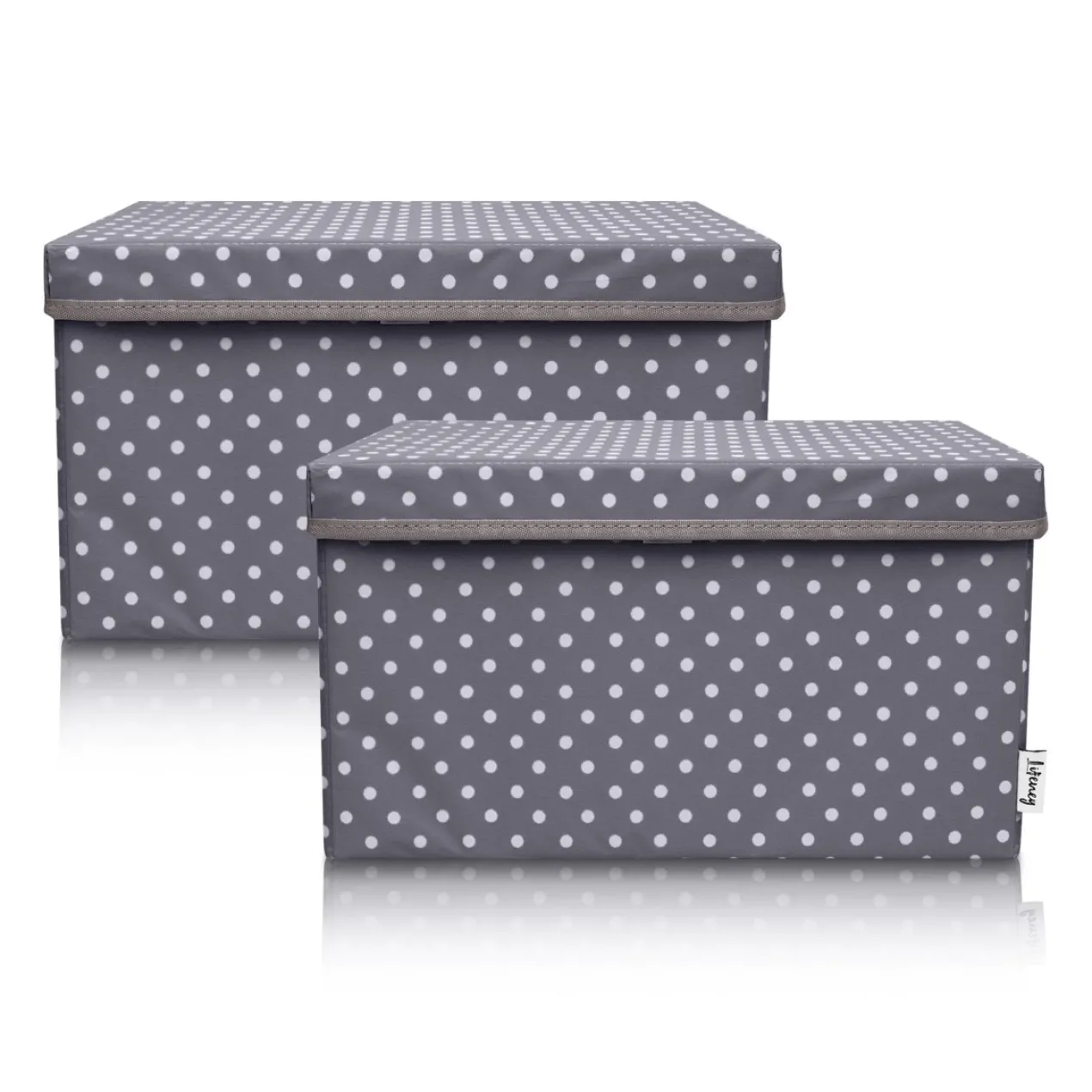 Aufbewahrungsbox 2er-Set mit Deckel, Punkte, grau, 25x37x21cm