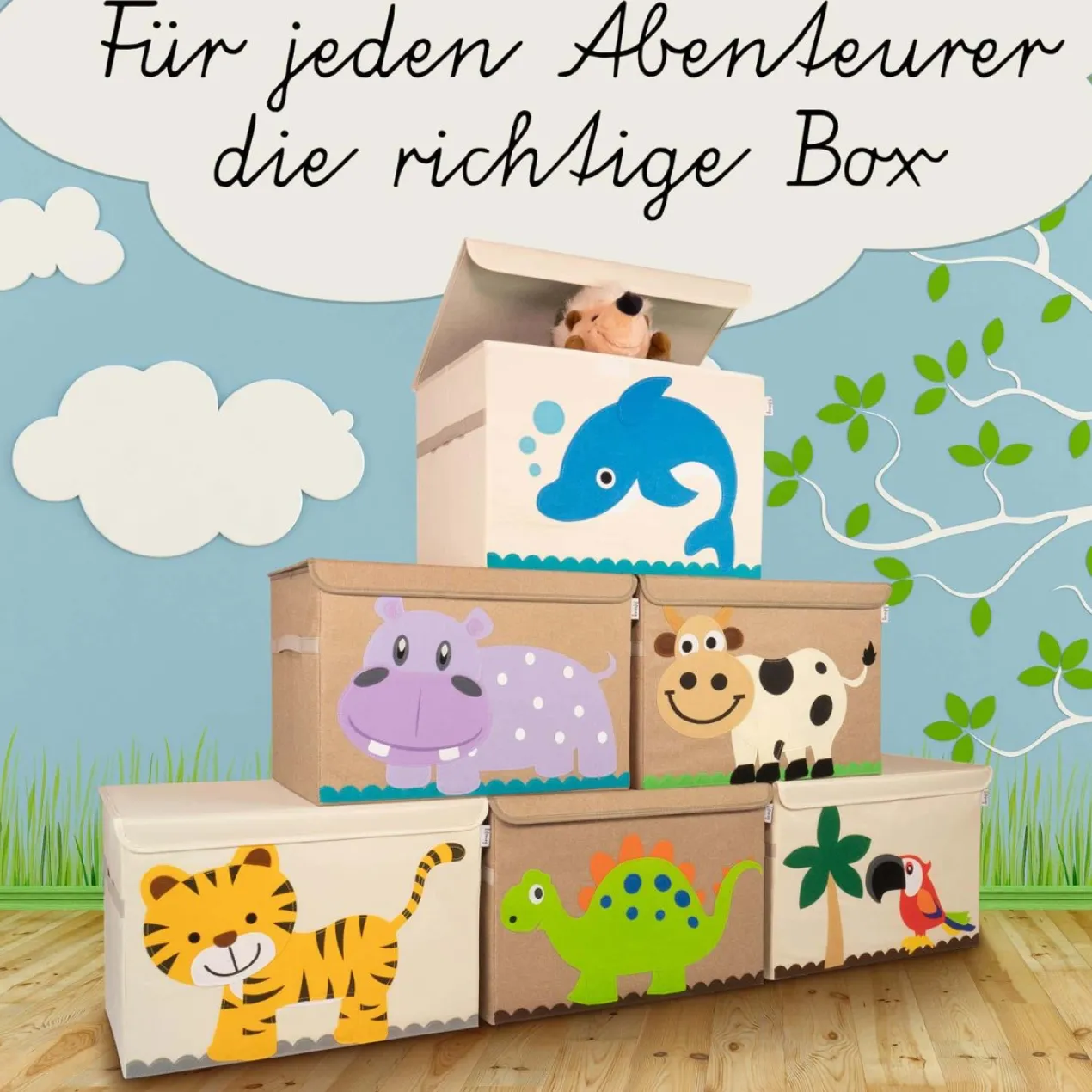 Aufbewahrungsbox mit Deckel, Tiger, beige, groß, 51x36x36cm
