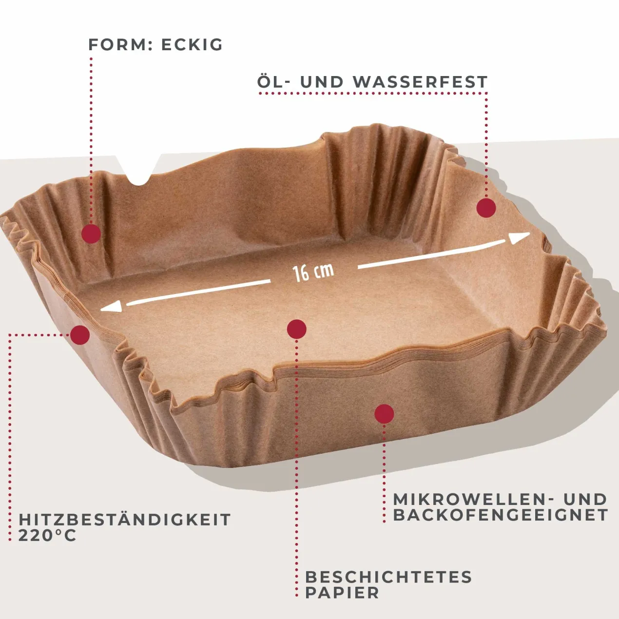 Backpapier für Heißluftfritteuse eckig ,16cm, 50 Stk.