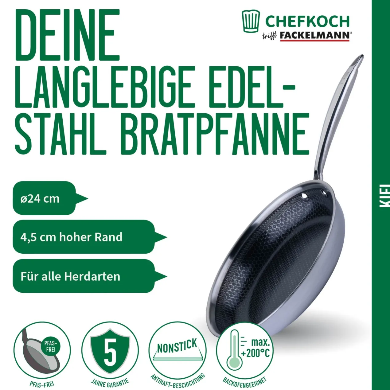 Bratpfanne Kiel, Edelstahl, antihaft, Wabenboden, Ø24cm