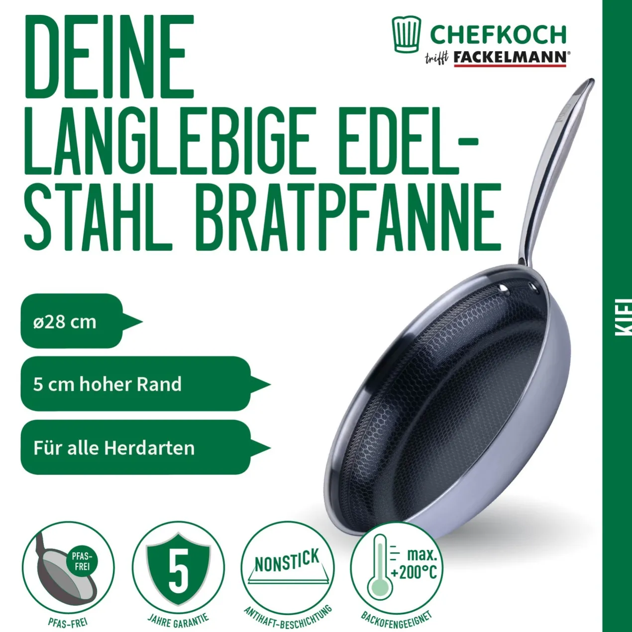Bratpfanne Kiel, Edelstahl, antihaft, Wabenboden, Ø28cm