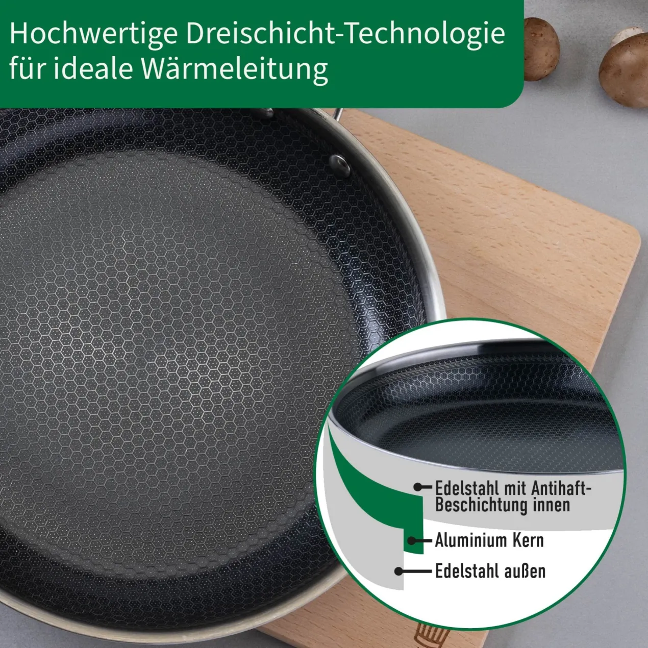 Bratpfanne Kiel, Edelstahl, antihaft, Wabenboden, Ø28cm