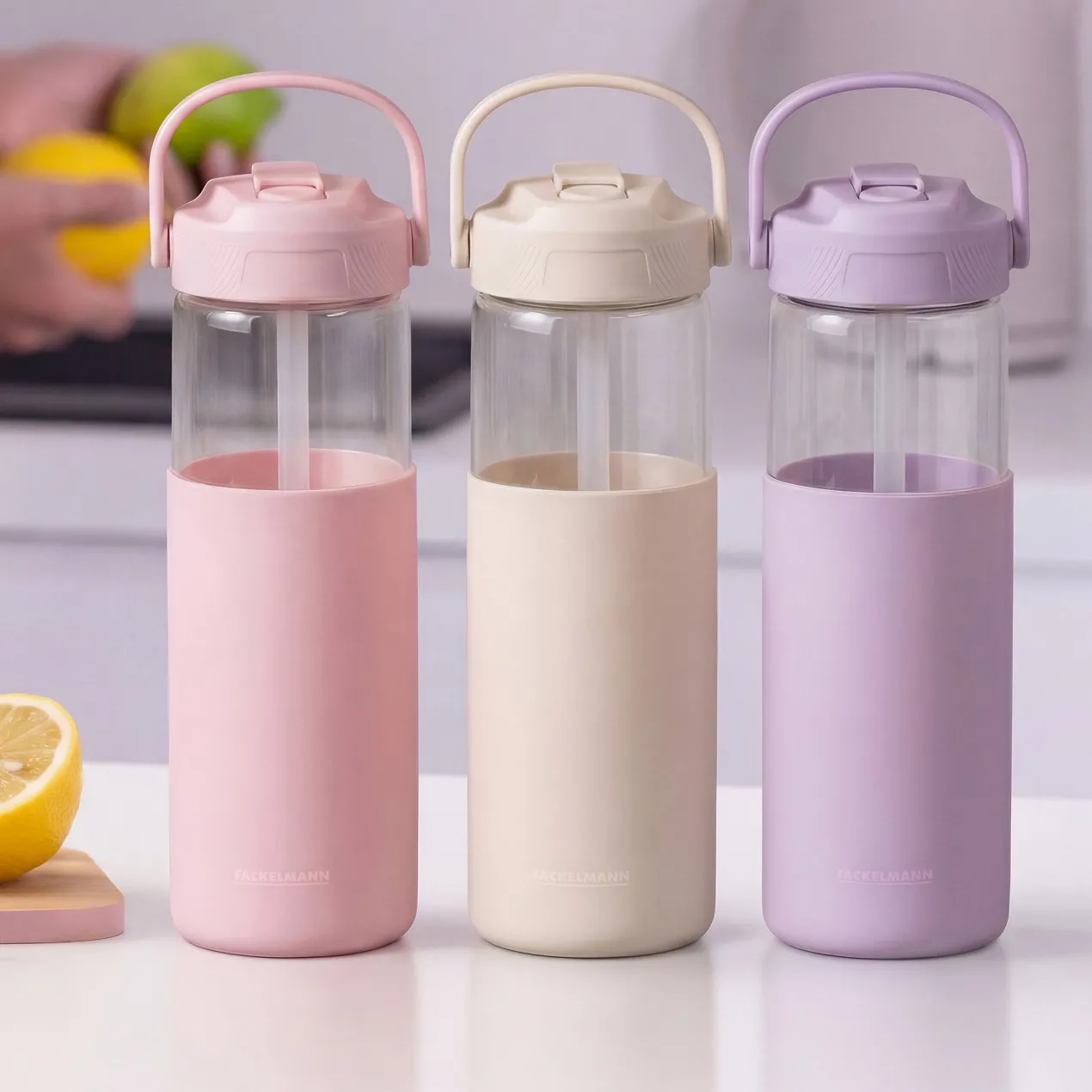 Glasflasche mit Silikonhülle Pamela Reif, 660mL, rosa