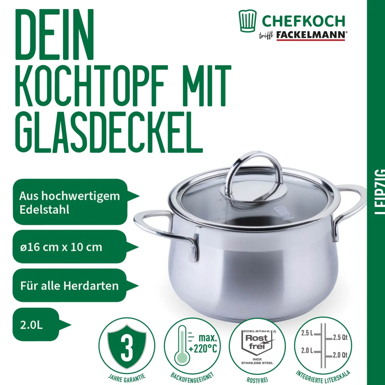 Kochtopf mit Glasdeckel Leipzig, Ø16cm