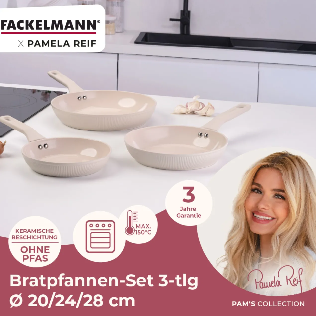 Pamela Reif Bratpfannen-Set, Keramik, Soft-Touch-Griff, 3-tlg.