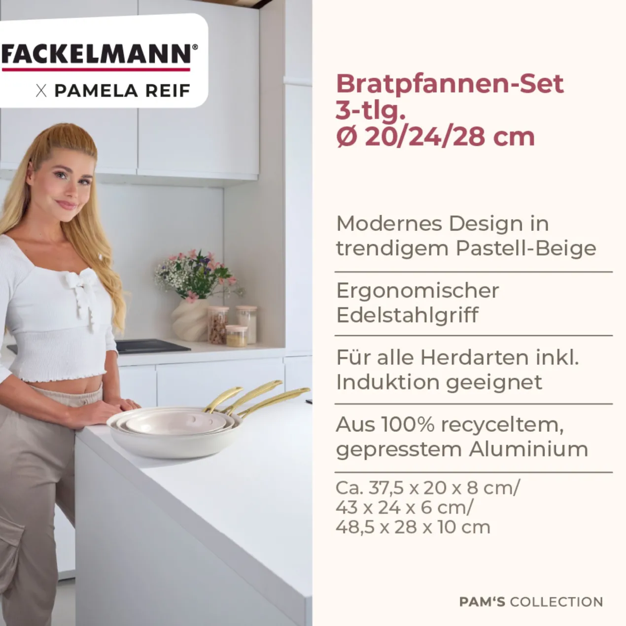 Pamela Reif Bratpfannen-Set Signature, Keramik, Gold-Griff, Ø20+24+28cm – 20% Rabatt mit Code: COOK20