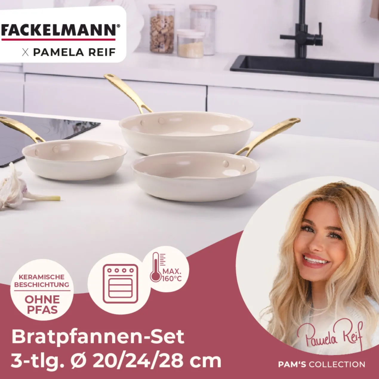 Pamela Reif Bratpfannen-Set Signature, Keramik, Gold-Griff, Ø20+24+28cm – 20% Rabatt mit Code: COOK20