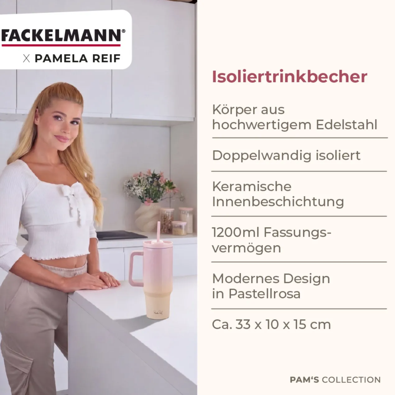Pamela Reif Thermotrinkbecher Rosa/Beige, 1,2L
