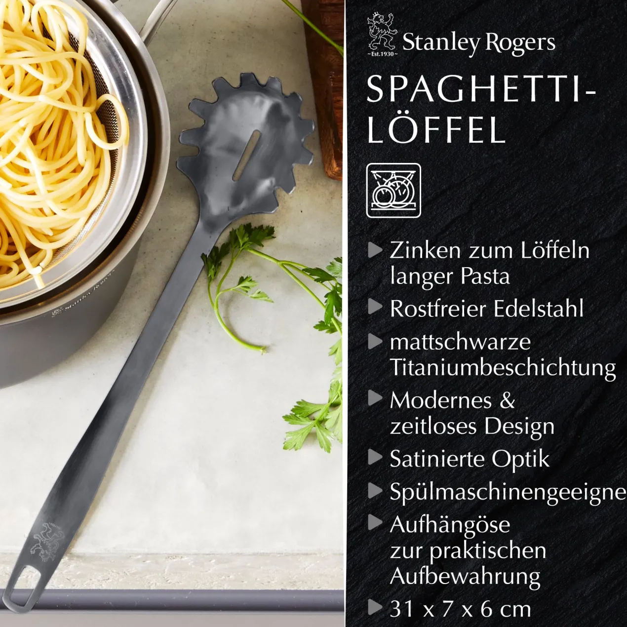 Spaghettilöffel Satin, schwarz, Edelstahl