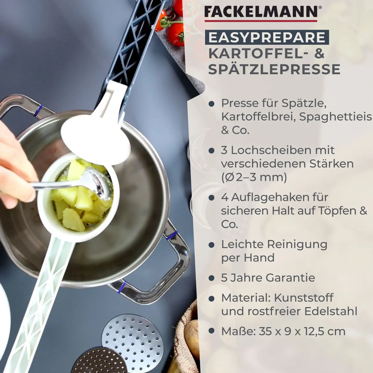 Spätzlepresse mit 3 Lochscheiben #easyprepare, 4-teilig