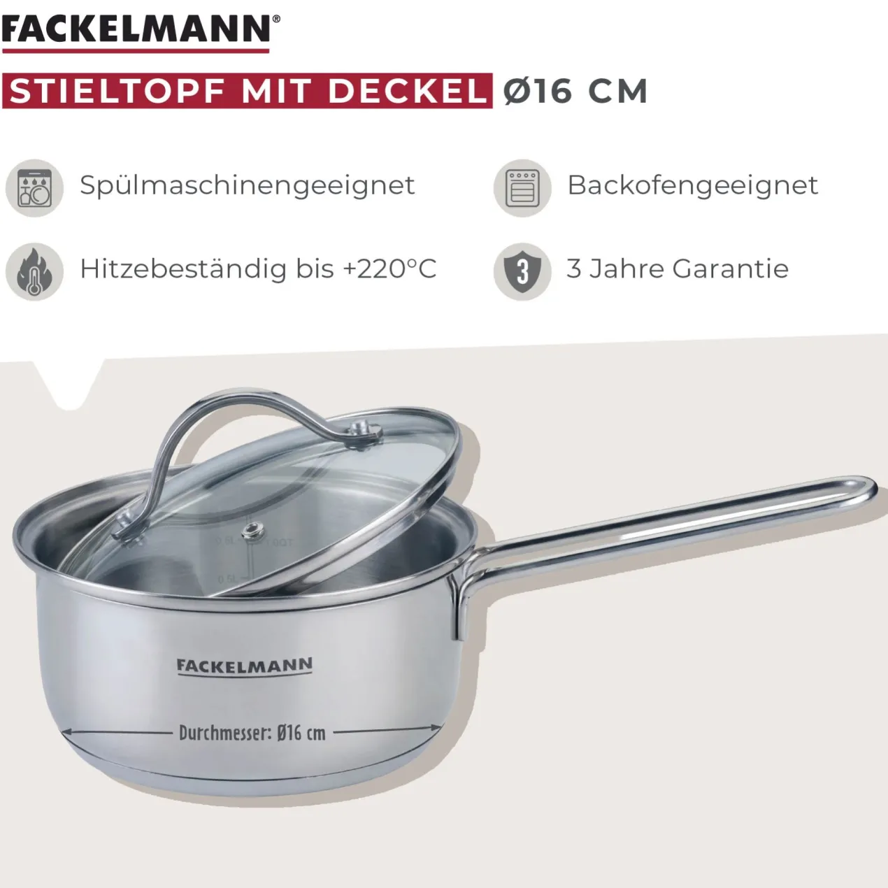 Stielkasserolle mit Deckel Lara, Ø16cm, Edelstahl