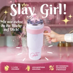 Trinkbecher mit Strohhalm-Deckel Herz, Weiß, 1L