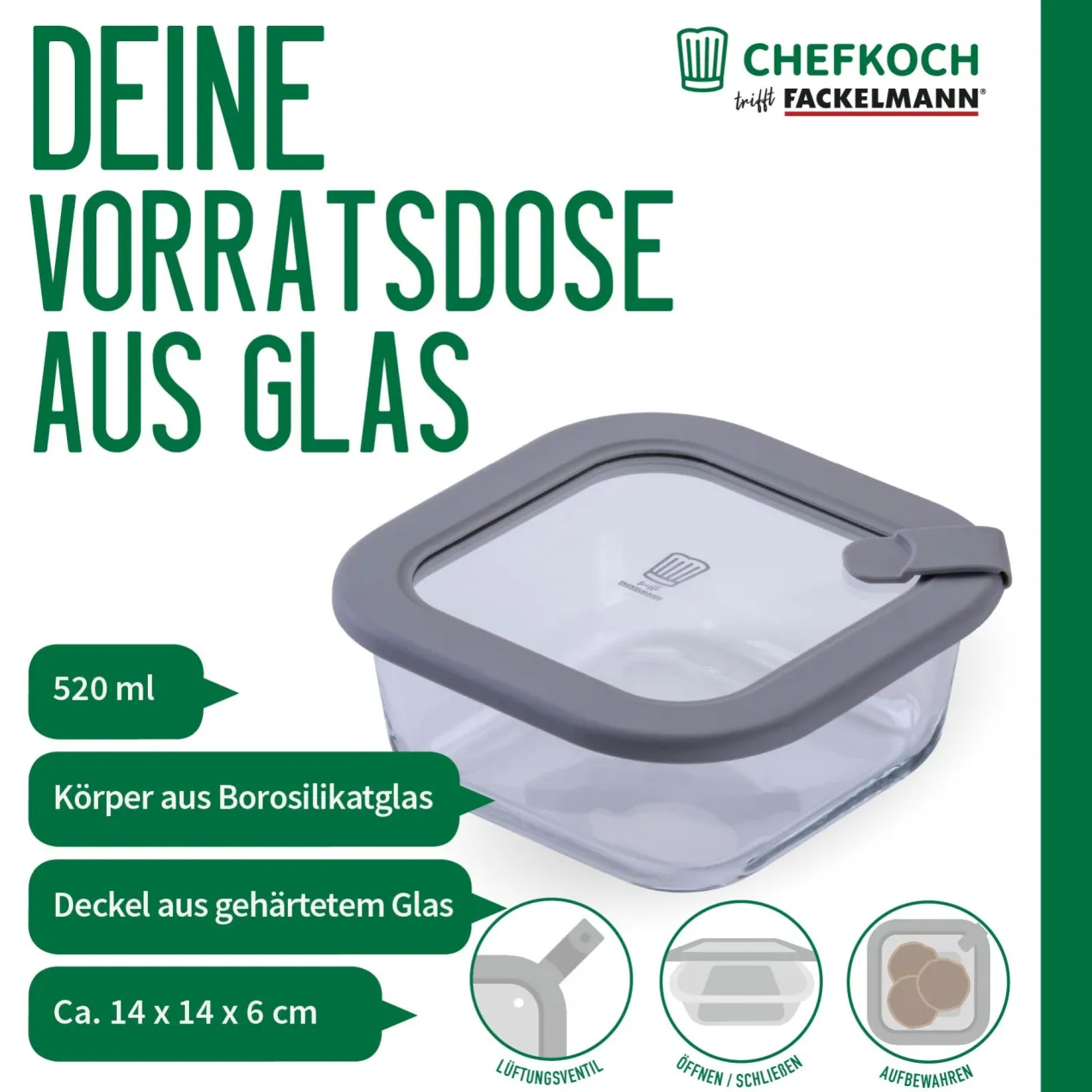 Vorratsdose Glas, eckig, 520ml