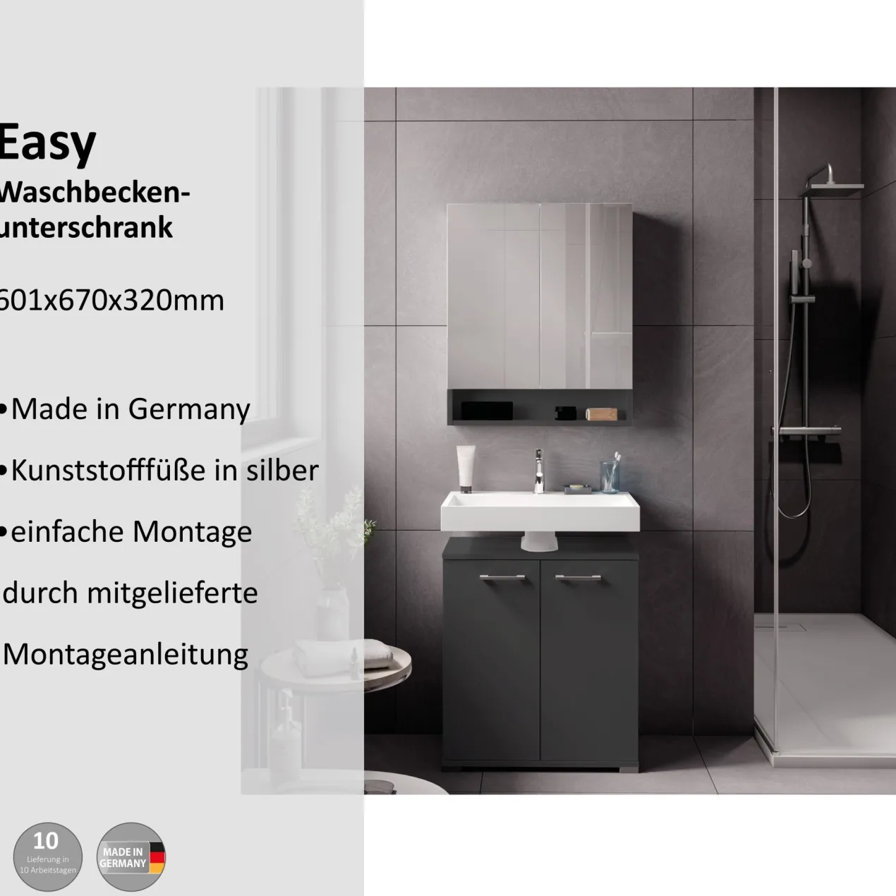 Waschbeckenunterschrank Easy, 60cm, Anthrazit, stehend