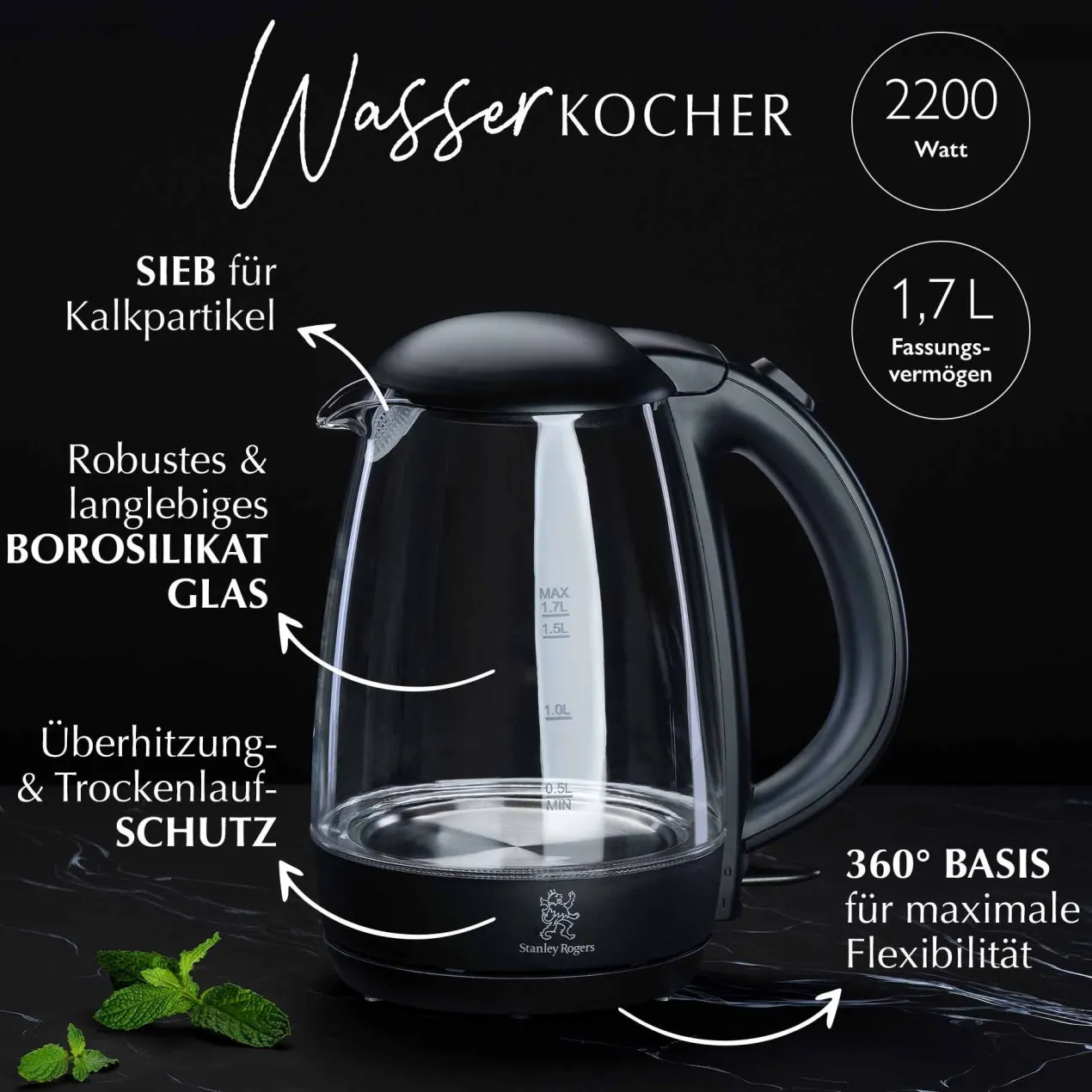 Wasserkocher, Glas, 1,7L